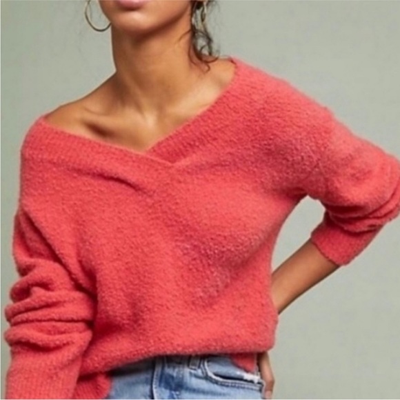 by Anthropologie oversized merino wool and alpaca blend dark coral V neck - Picture 3 of 10